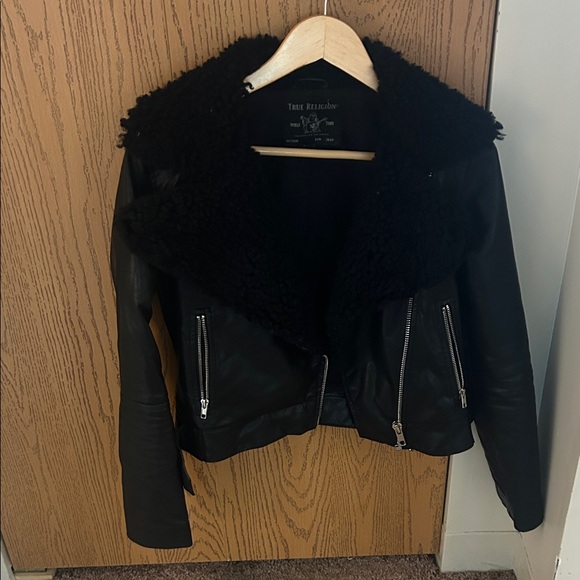 True Religion Black Leather Jacket with Shearling Collar - Picture 1 of 6